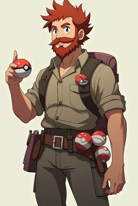 A Caucasian man, brown hair and a red beard  . wearing pants, shirt . pokemon trainer,   with 5 Pokeballs tied around the waist and a Pokéball in the right hand.