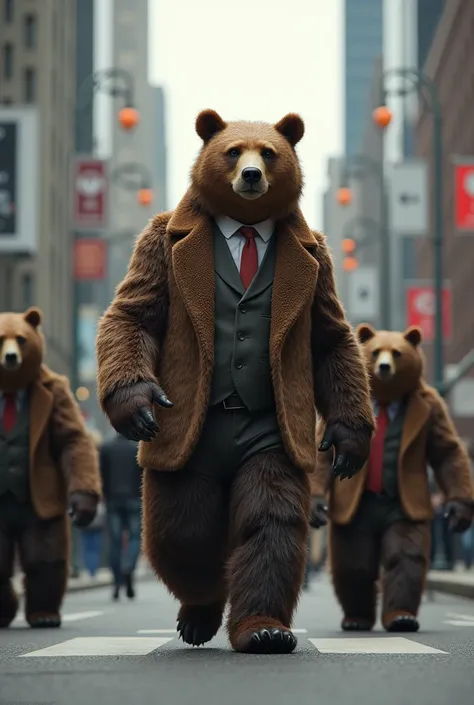 
 bear with a human body with very realistic bear skin ,  dressed in a suit with its humanoid bear partners on the side, On a street walking 