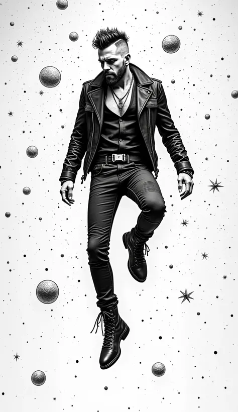 The image is a black and white line drawing showing a handsome rocker, buzz cut, beard, glasses, black leather outfit, suspended in the air, far away in a galaxy, floating like an astronaut in a dark three-dimensional space full of stars, full body.  Surpr...