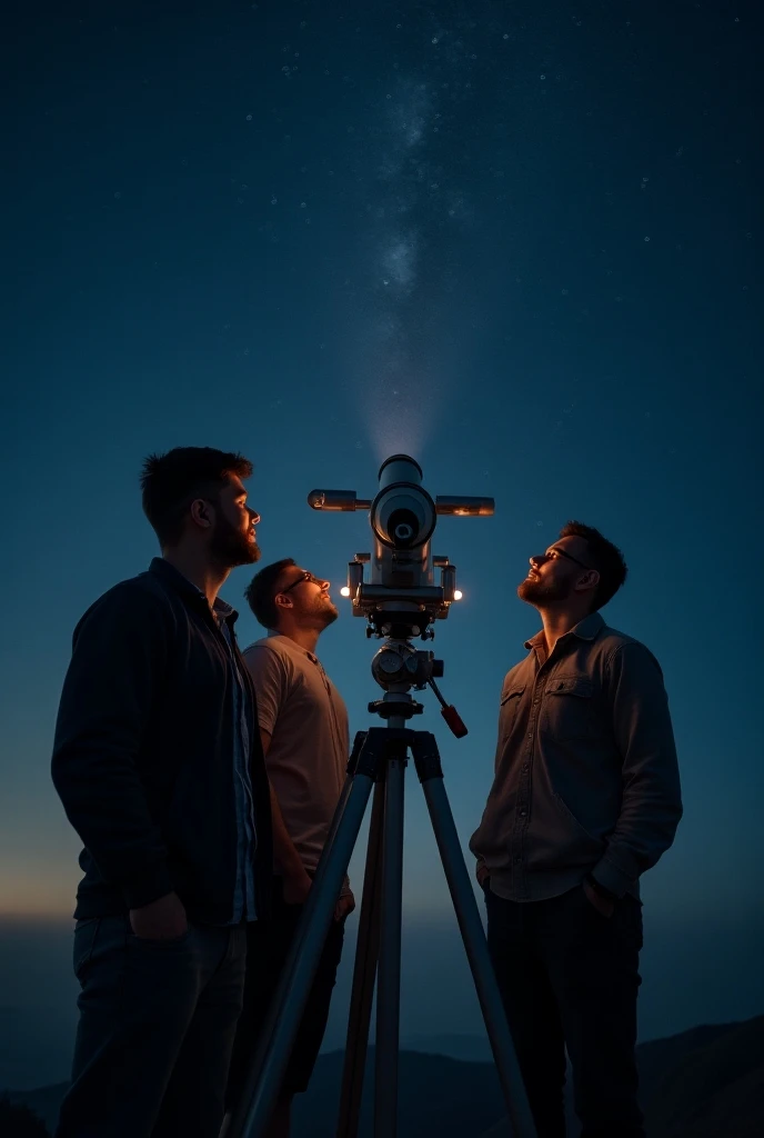 Trois hommes regardent au télescope le ciel dans la nuit noire 