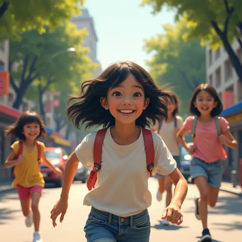 "A 14-year-old girl with black, wavy hair and an East Asian appearance is playing with her friends on a lively street. She’s smiling and laughing as she runs with her friends, who are also engaged in playful activities. The scene is set on a vibrant city s...