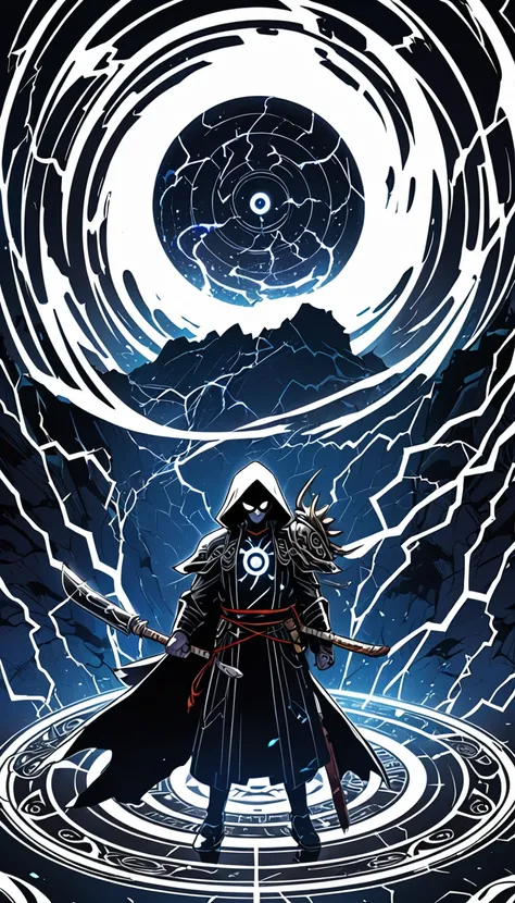  Japanese anime style {x} deformed characters with the Onna Reaper as a motif、 Japanese anime style 、1 person、Stormy Wilderness、night、The background is Silver Magic Circle 、 surrounded by full-body shots of black lightning , amazing