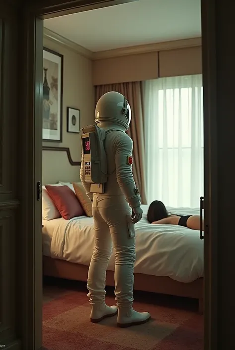 Hambiente  =  hotel room
Location of the camera  =  from the door to the windows
Whats in the bedroom ?
A man standing with his back to the camera wearing an astronaut suit.
 In bed is a brunette woman in lingerie but you cant see her face because shes aft...