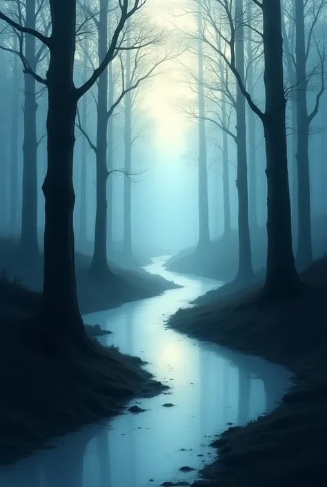 "A serene, misty forest at dawn with a narrow, winding river flowing gently between tall, ancient trees, drawn in sumi-e ink style. Soft morning mist drifts through the trees, creating a calm and mysterious atmosphere. The river reflects subtle light, addi...