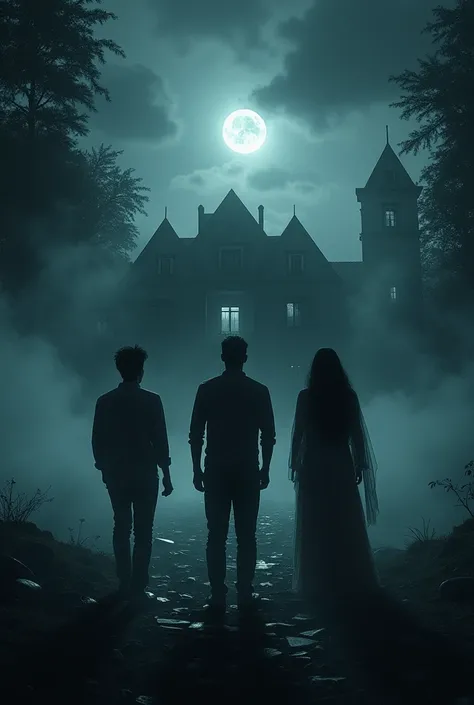 

English Prompt: The final scene where the haunted mansion collapses in the background, releasing a dark cloud of dust and rubble. Ajay, Sameer, and Rachna stand outside, looking relieved yet overwhelmed. The sky is dark, with a hint of moonlight casting ...