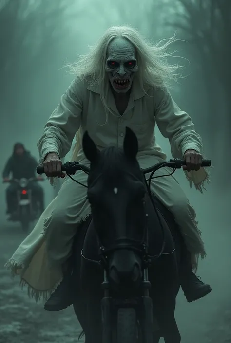 "A scary old ghost was riding a black horse. Her face was pale and her eyes glowed red, her hair was long and tangled, she was wearing a torn white dress. Behind her, two men who looked scared were riding a motorbike, trying to run away from the grandmothe...