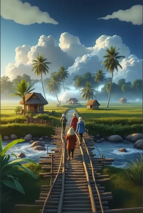 a pair of people walking across the bridge over the river, angle from behind. beautiful artwork illustration, beautiful digital artwork, beautiful oil matte painting, by Rudy Siswanto, very beautiful digital art, fantasy matte painting, cute and amazing wa...