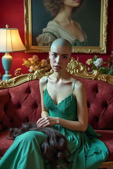 (She is looking at the viewer, visibly excited), the scene is a surreal, luxurious image of a woman sitting elegantly on a lavish, baroque-style couch with ornate golden carvings. She is dressed in a flowing, green dress with delicate lace details that cat...