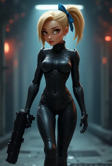 Pixar, beautiful woman, swedish, classy, short blonde with ponytail with a blue ribbon, dressed in grey space suit armour, holding a space rifle, Amber Eyes, Naughty, walking away from camera, High Resolution, Anatomically Correct, Pixar, 3d,cartoon, looki...