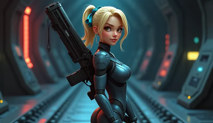 Pixar, beautiful woman, swedish, classy, short blonde with ponytail with a blue ribbon, dressed in grey space suit armour, holding a space rifle, Amber Eyes, Naughty, walking away from camera, High Resolution, Anatomically Correct, Pixar, 3d,cartoon, looki...