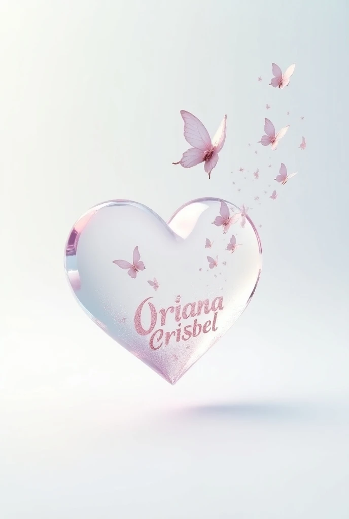  White background image with translucent glass heart in 3d and butterflies flying out of glass and the name " ORIANA CRISBEL "  in three with pink sparkles  