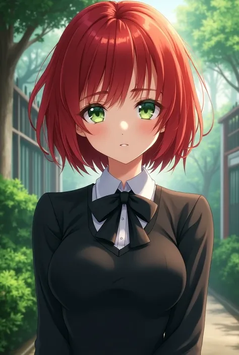 Beautiful white girl arrogant and haughty face short red hair straight bright green eyes in a black school uniform with white details with a bow on her neck super cute brown the uniform in the background the school garden with some secret trees and a piece...