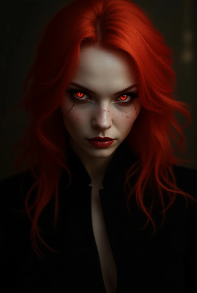 Red-haired woman with red eyes with fire  , with a hateful face and a creepy smile ,  black jacket 