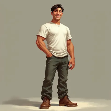  He was a sturdy young man , slightly older , age 24 years.  His face was attractive ,  with defined features and a friendly smile .  He wore comfortable and practical worker clothing :  a short sleeve white shirt ,  worn pants and brown work boots.