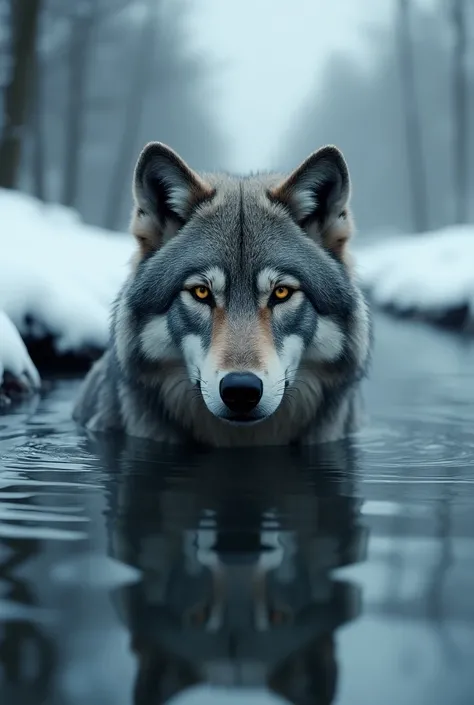 wolf head on  on the river bank with snow  