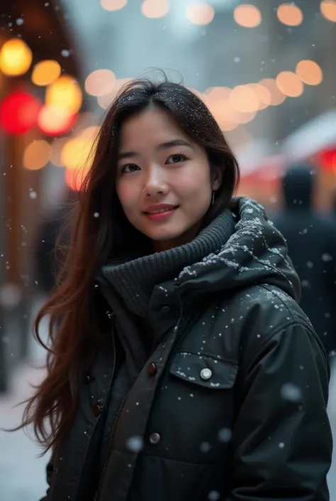 sole_female, very beautiful Indonesian girl, 25 years-old, pretty face, pretry smile, with beautiful long hair, fashion winter coat, big coat, Wear a coat over a hoodie, standing looking up snow is falling, winter night city, snowing, 4K, ultra HD, RAW pho...