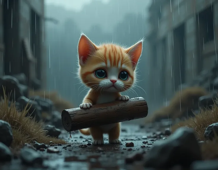 "A small, adorable kitten with soft fur and big, teary eyes, crying in the rain. The kitten is carrying small logs of wood, struggling with the weight, as the raindrops fall heavily around it. Its face shows sadness and exhaustion, with tears streaming dow...