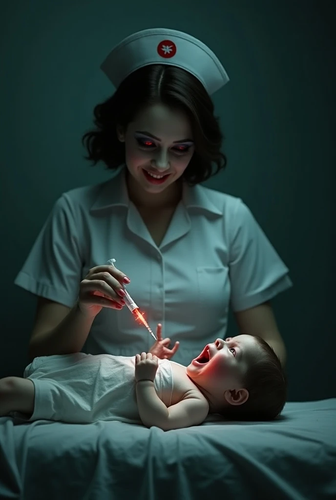 A scary nurse with red eyes and a sarcastic smile injecting liquid into a baby crying in fear in an eerie maternity hospital