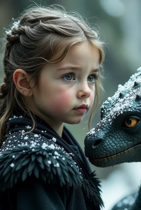 Close-up of a beautiful little girl with her dragon, looking at the dragon, messy hair, black fur coat, rough paint strokes, rough texture, white, some ice and snow, frozen looking, snowing, thick texture, beautiful, detailed matte painting, insanely detai...