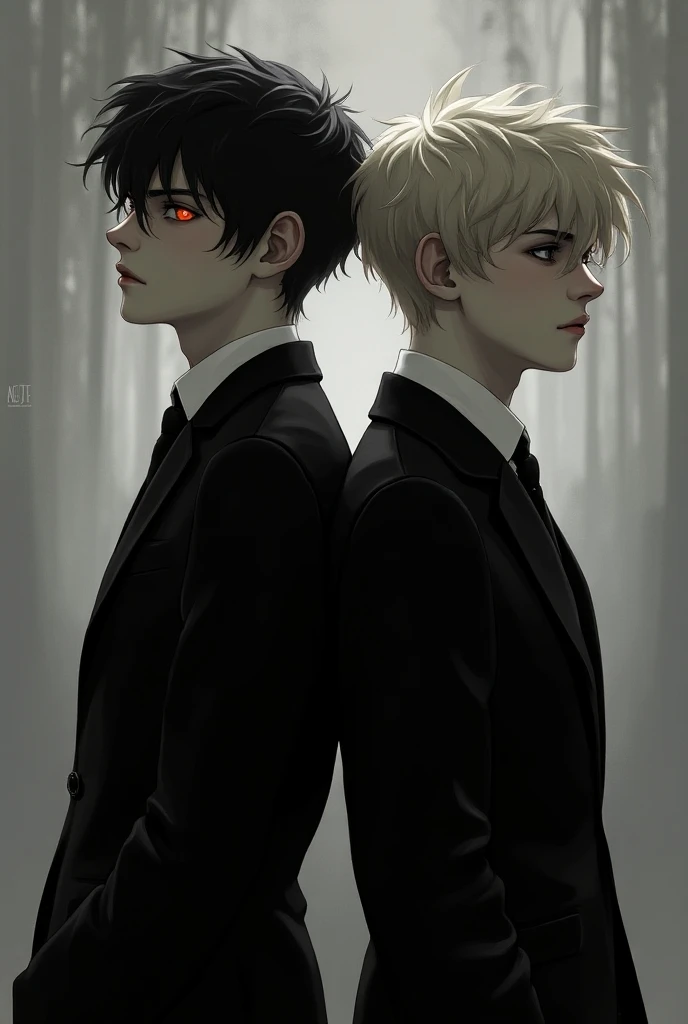 Oliver St James a vampire with jett black messy hair, and pale skin.  With red crimson eyes.  Rugidly handsome . Wearing the evercrest academy uniform in black and white teenager featuring axel St James a vampire with dirty blonde hair and orange eyes and ...