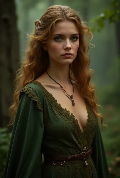 An elegant elven sorceress with a commanding yet mysterious presence, radiating an innate power that seems to flow naturally through her. Her golden-brown, curly hair frames her face softly, giving her an air of both grace and strength. Her skin glows fain...