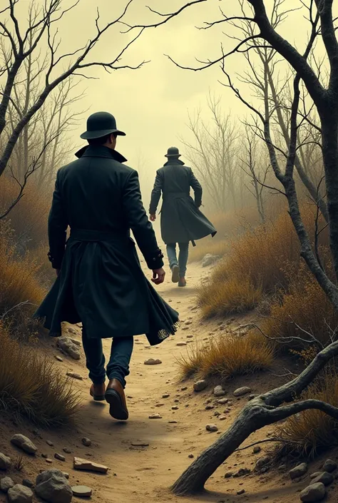   Holmes and Watson confronting the villain, Who tries to flee between a wasteland full of weeds and thorns