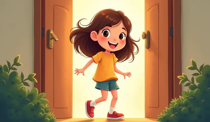 A cartoon girl with wavy hair and a beautiful smile enters the door