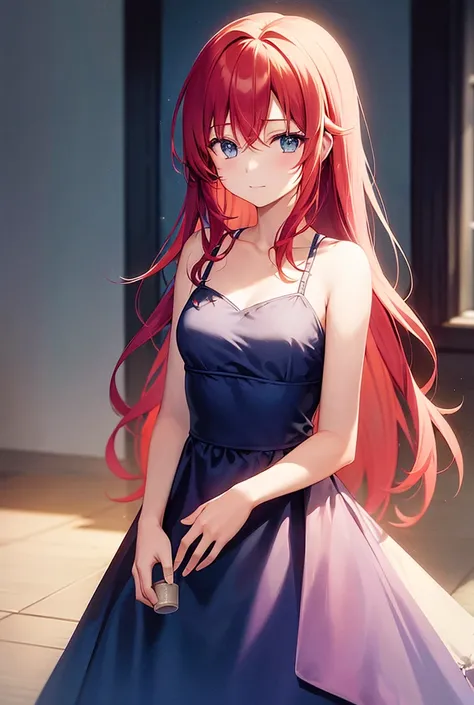  The image features a young female character with long red hair,  and fragile , wearing a small blue dress .  She has her back to the spectator, standing, looking out of a window, with a slightly happy expression.  The surrounding environment is illuminate...