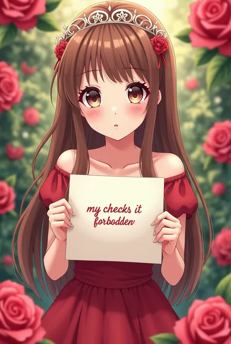 beautiful princess(anime)with nice round lenses and a crown,  with straight brown hair , red dress, showing a letter with the text "My cheeks are forbidden "  y rosas de fondo 