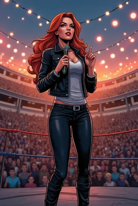 A comic book style image of Tasha The Voice Winters making an energetic announcement in the center of an open-air wrestling arena at twilight. Tasha stands confidently in the ring, holding a microphone as she addresses a cheering crowd. She is 58" with an ...