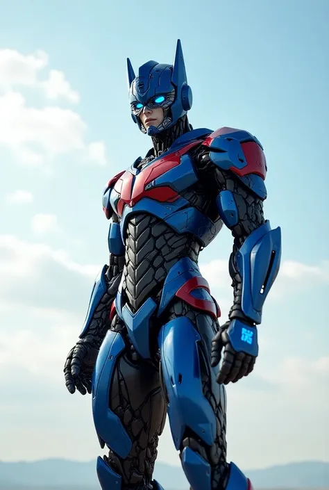 Create for me a person in a blue and red Transformers costume with sky blue eyes that can be transformed into a trailer