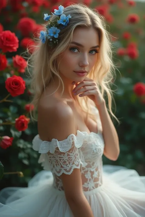 The beautiful blondie woman in sexy lingerie with blue eyes gently tilts her body, causing her loose curls and the blue flowers in her body to sway slightly. Her white lace dress moves with her, creating a fluid elegance. The camera softly focuses on her, ...