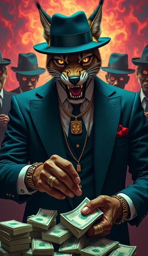  a gang boss with a Eurasian lynx animal head, Wearing mafia accessories ,  wearing a mafia-style hat ,  An epic and scary look ，Film Style,  Colorful ruffles background ,  and his gang counting money 