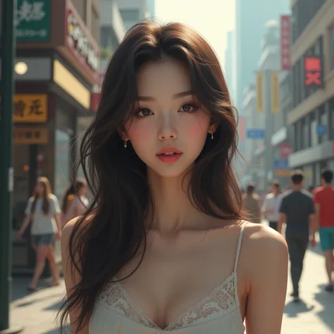 A young Asian woman standing on sidewalks, realistic depth of field, detailed eyes, detailed hair, beatiful, photorealistic