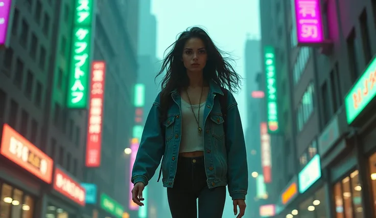  of a young woman walking against a background of tall buildings strewn with neon signs in green and purple, shows the unwavering forward motion .