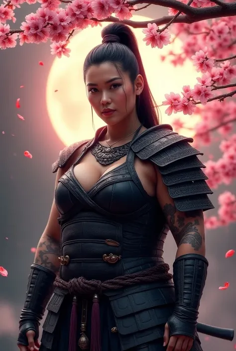 fierce Large female warrior with a modern twist, standing under a cherry blossom tree in full bloom, mystical setting, large glowing full moon, ancient Japanese armor, intricate tattoos, dark hair in a high ponytail, intense and focused expression, pink ch...