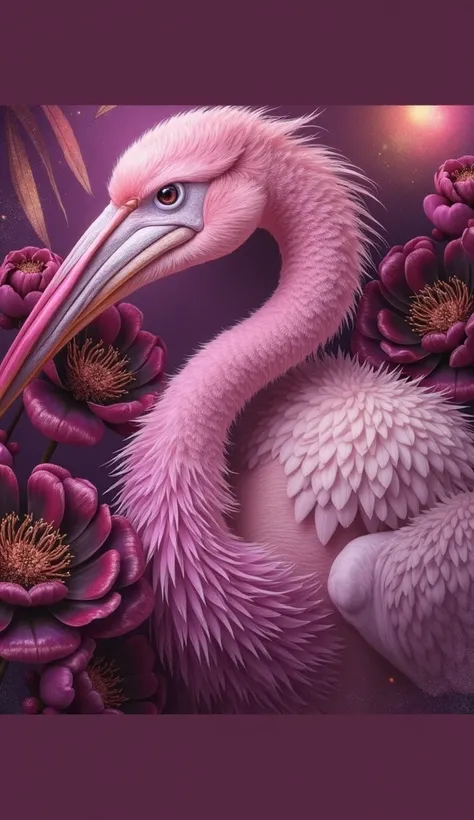 
a seamless background of shiny monstera leaves and exuberantly blooming peonies, a pelican head, shiny feathers, stands between the monstera leaves and dark red and black peonies, beautiful light, beautiful golden details, glamour glow, vintage look, grun...