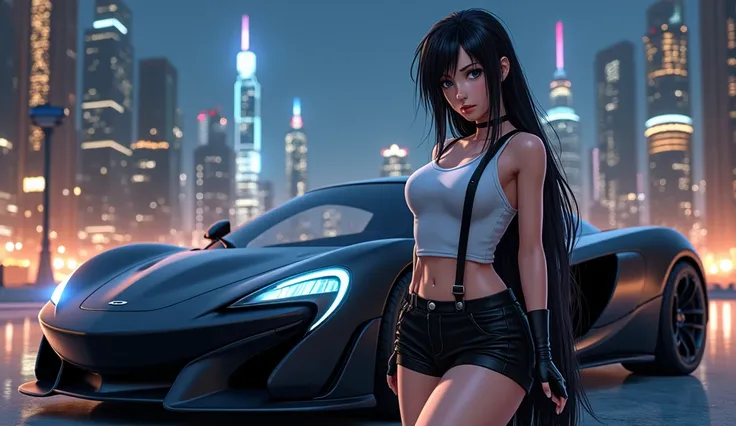  1 girl,  Tifa Lockhart 、Black Hair、Long Hair、 Final Fantasy VII Remake 、FINAL FANTASY 、Black Shorts 、 White Tank Top 、Black Gloves、 suspenders、 black boots,,, From below, , masterpiece, Best Quality,  so beautiful,   lean on matte black McLaren P1、Realist...