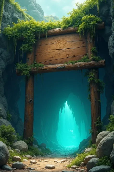 Create the entrance to a glowing cave with small pebbles surrounding the opening; its a large wooden sign on top with mosses on the top of the sign