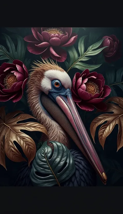 
a seamless background of shiny monstera leaves and exuberantly blooming peonies, a pelican head, shiny feathers, stands between the monstera leaves and dark red and black peonies, beautiful light, beautiful golden details, glamour glow, vintage look, grun...