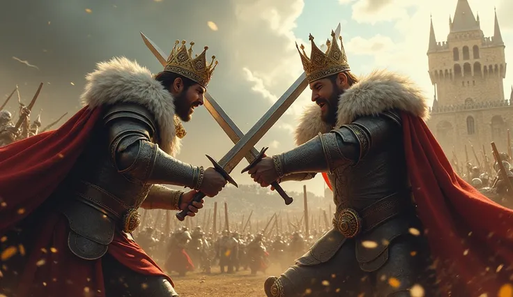 Chaotic medieval war between two sides , And in the foreground two kings with crowns fighting sword to sword and in the background you can see an immense castle