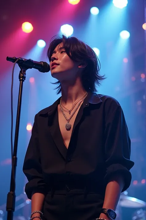 A very handsome boy,  long hair in a beautiful Korean cut,  with fringe falling on the eyes . playing a guitar, in front of a microphone ,  eyes closed and singing .  Black blouse silver necklace , and black pants.  Bracelets and rings on the fingers , LED...