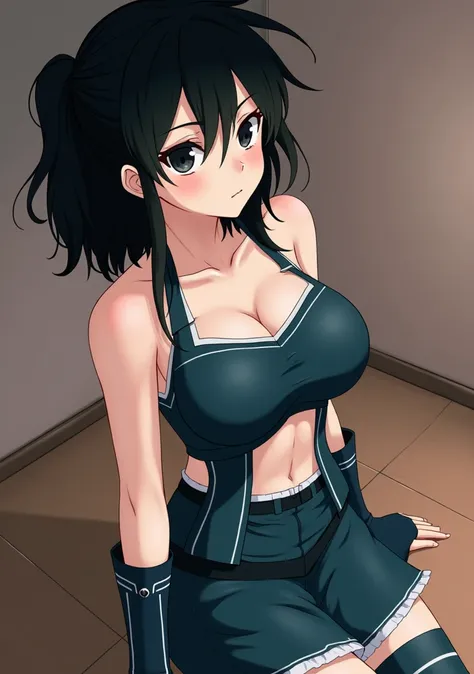 Pretty young adult girl with medium length medium short black hair with black eyes and big breasts wearing sleeveless black armor with a short black skirt in the background of a lonely room.(anime style).