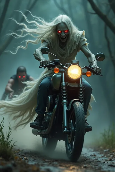 "A scary old ghost was riding a black horse. Her face was pale and her eyes glowed red, her hair was long and tangled, she was wearing a torn white dress. In front of her, two men who looked scared were riding a motorbike, trying to run away from the grand...