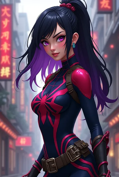 Oc girl from Asian Spiderverse with black and purple hair in a Spiderman rocker costume