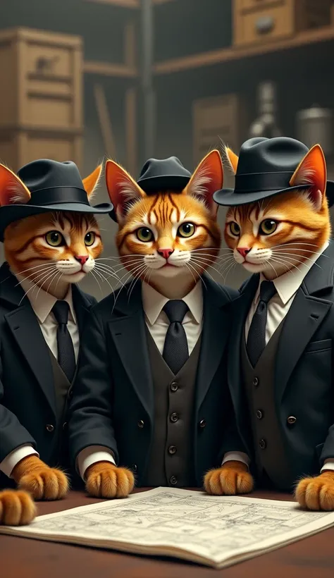 Generate four cats dressed as mafia engineers and wearing the UNI logo