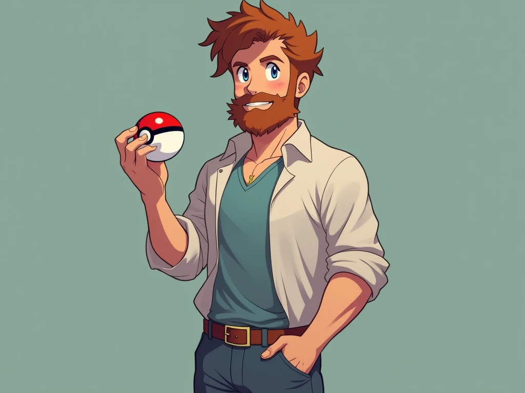 full image, from head to toe, From a Caucasian man, brown hair and a red beard   . wearing pants and a  . pokemon trainer,  shirt holding a Pokéball in the right hand.