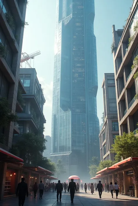  in a futuristic city block， glass curtain super high-rise sci-fi realistic，The commercial atmosphere on the ground is good ， people coming and going in shopping streets ，Very lively ， there are future trains 、flying car，Three-dimensional transit rail cars...