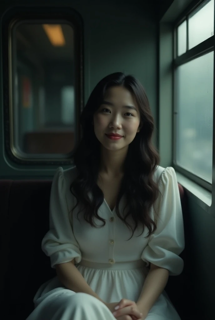 smiling, A 20-year-old Asian woman with long, curly hair, wearing a white dress, seated inside a train with a dark, moody atmosphere.