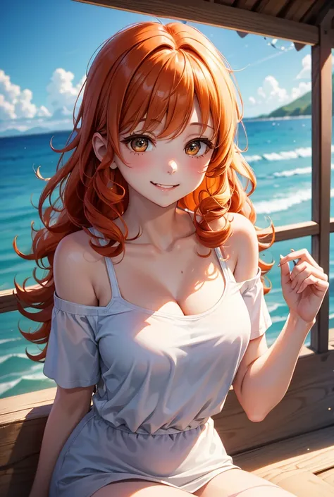 ,bite,watercolor,woman,From below,   甜of ,smile,   is embarrassing,   Curly Hair ,    orange hair ,   outdoor   ,morning,sunny, The light shines ,  lighting using airborne particles,   off-shoulder t-shirt   ,Big Breasts、whole body、Thighs、Bristles